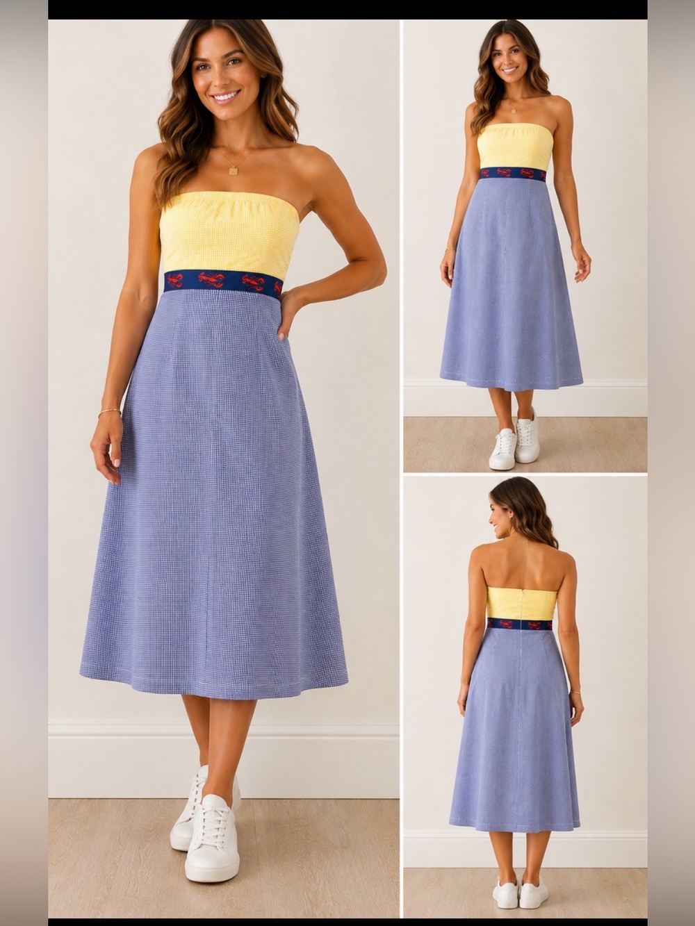 Dagmar & Dill Lobster Trim Gingham Strapless Midi Dress Size 12 Coastal Preppy